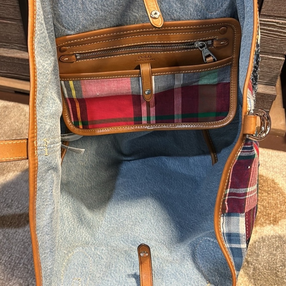 Polo Ralph Lauren Bellport Madras Tote Distressed Patchwork - Picture 6 of 12